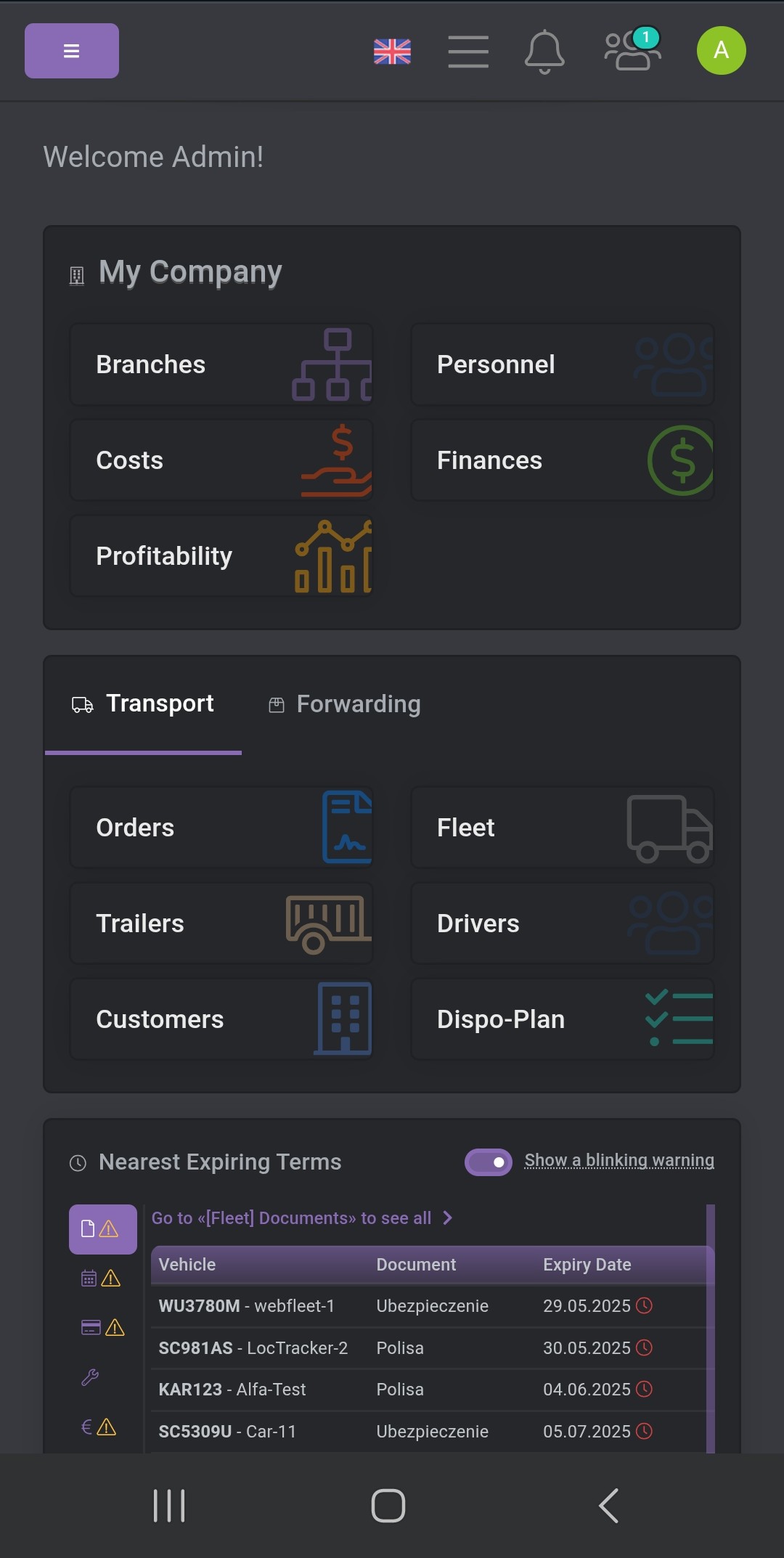 Presentation of the system on a small screen (phone) (Dark Mode)
