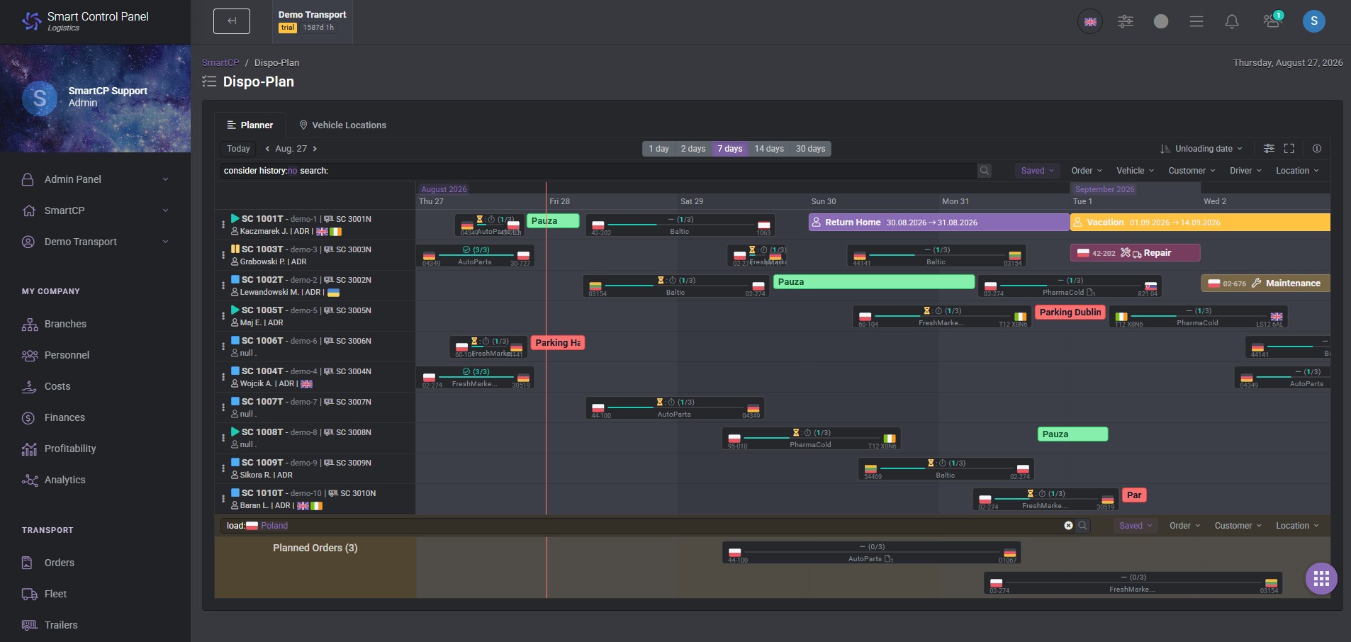 Dyspo-Plan in SmartCP Logistics (Dark Mode)