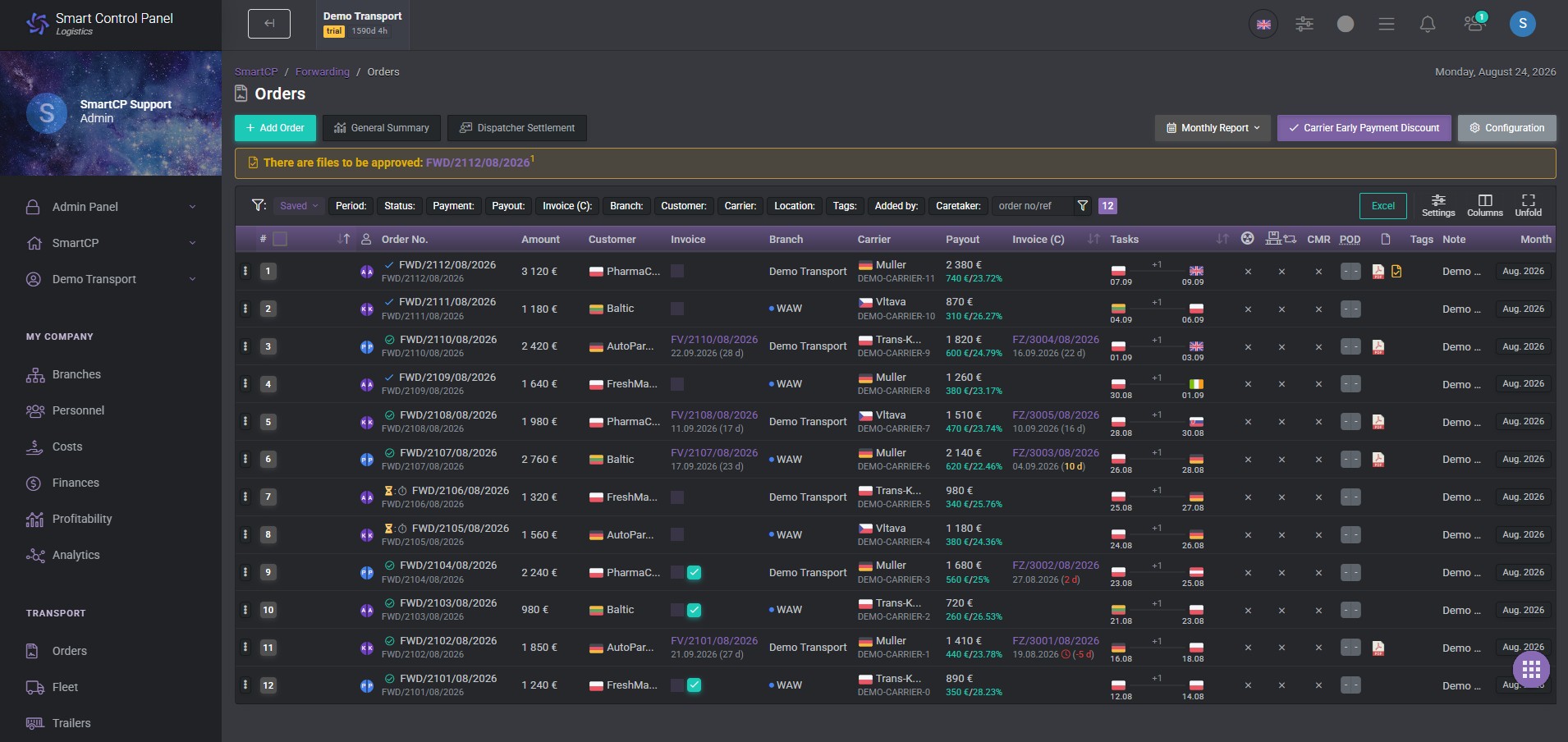 Forwarding orders in SmartCP Logistics (Dark Mode)