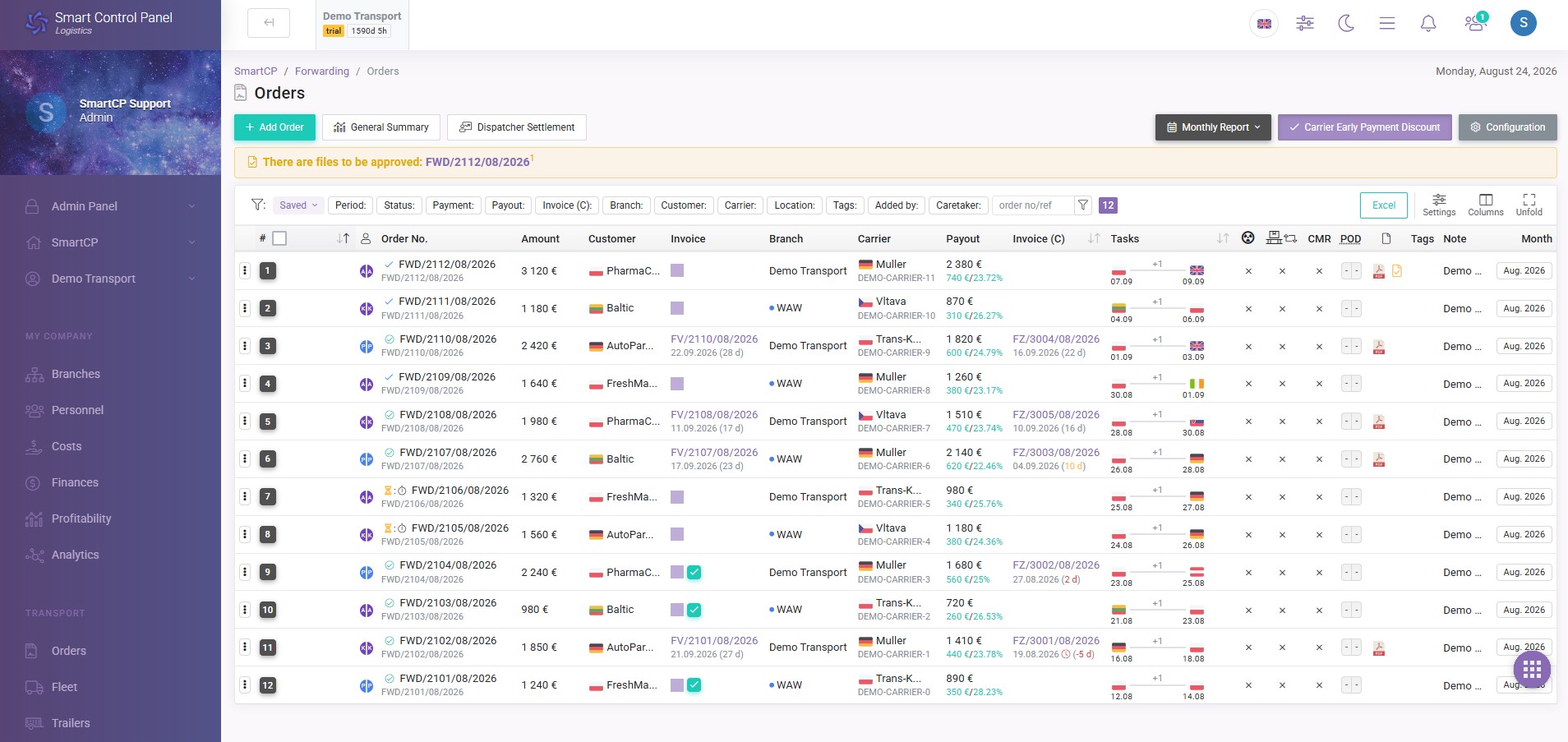 Forwarding orders in SmartCP Logistics (Light Mode)