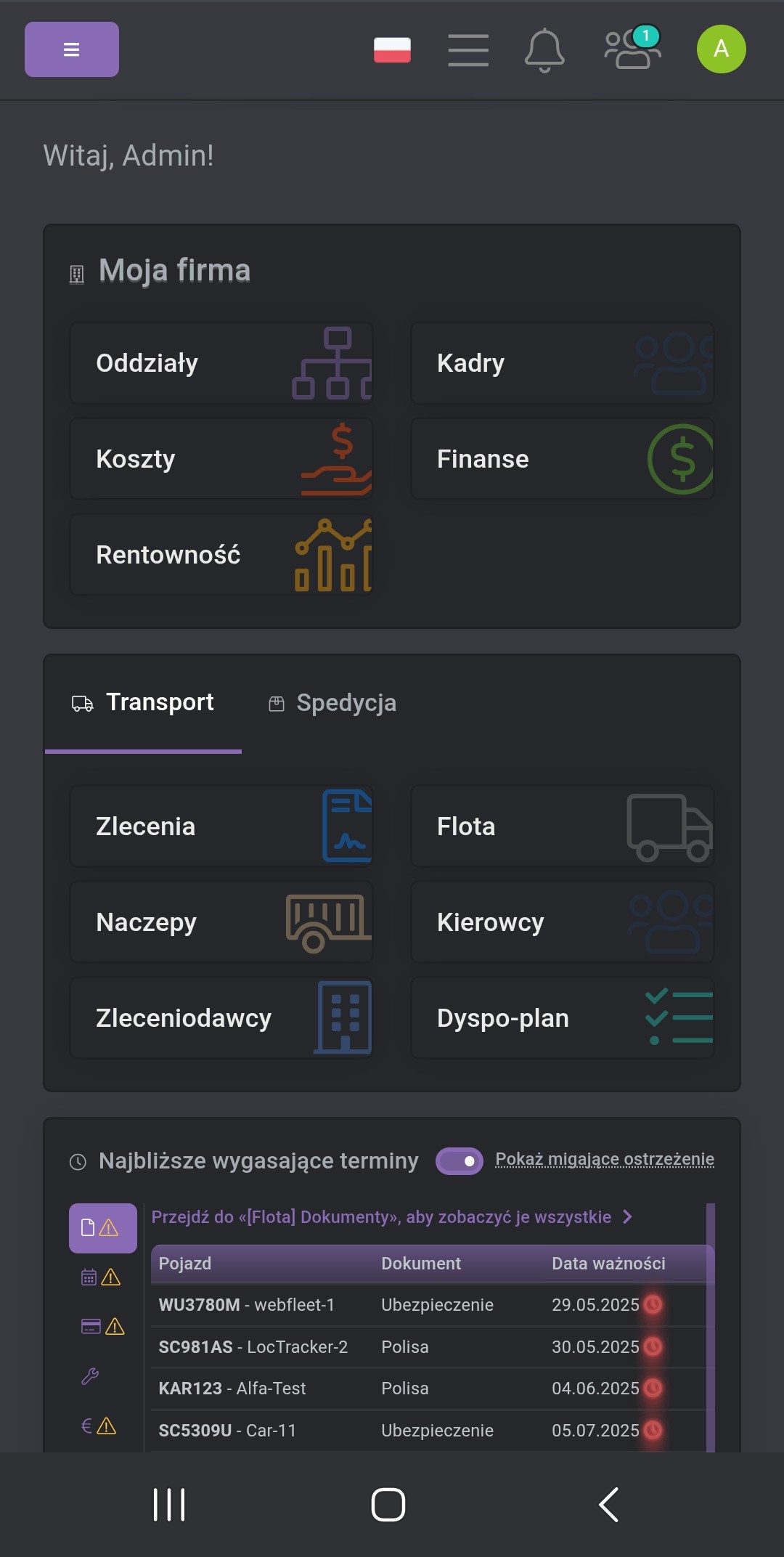 Prezentacja systemu na małym ekranie (telefon) (Dark Mode)