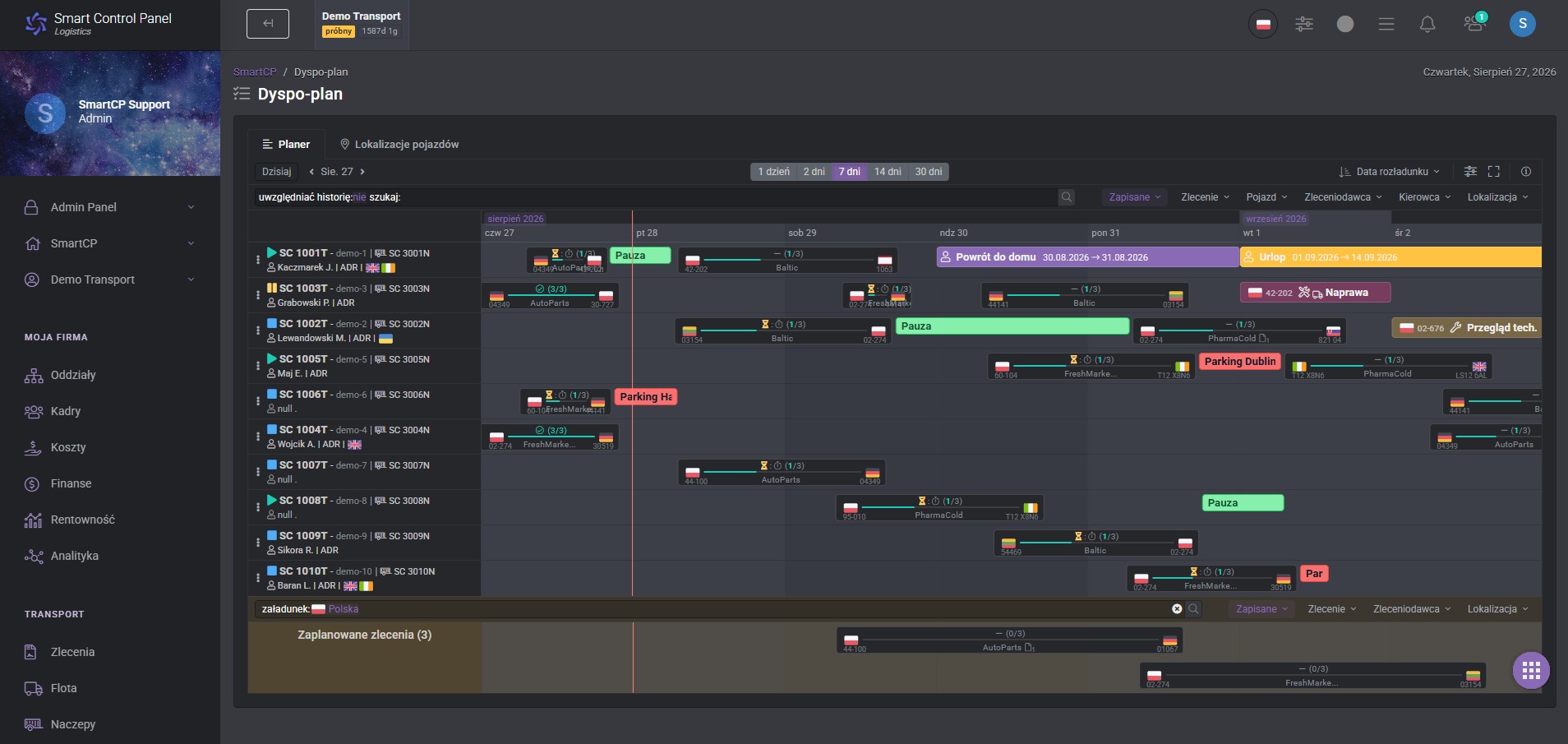 Dyspo-Plan w SmartCP Logistics (Dark Mode)
