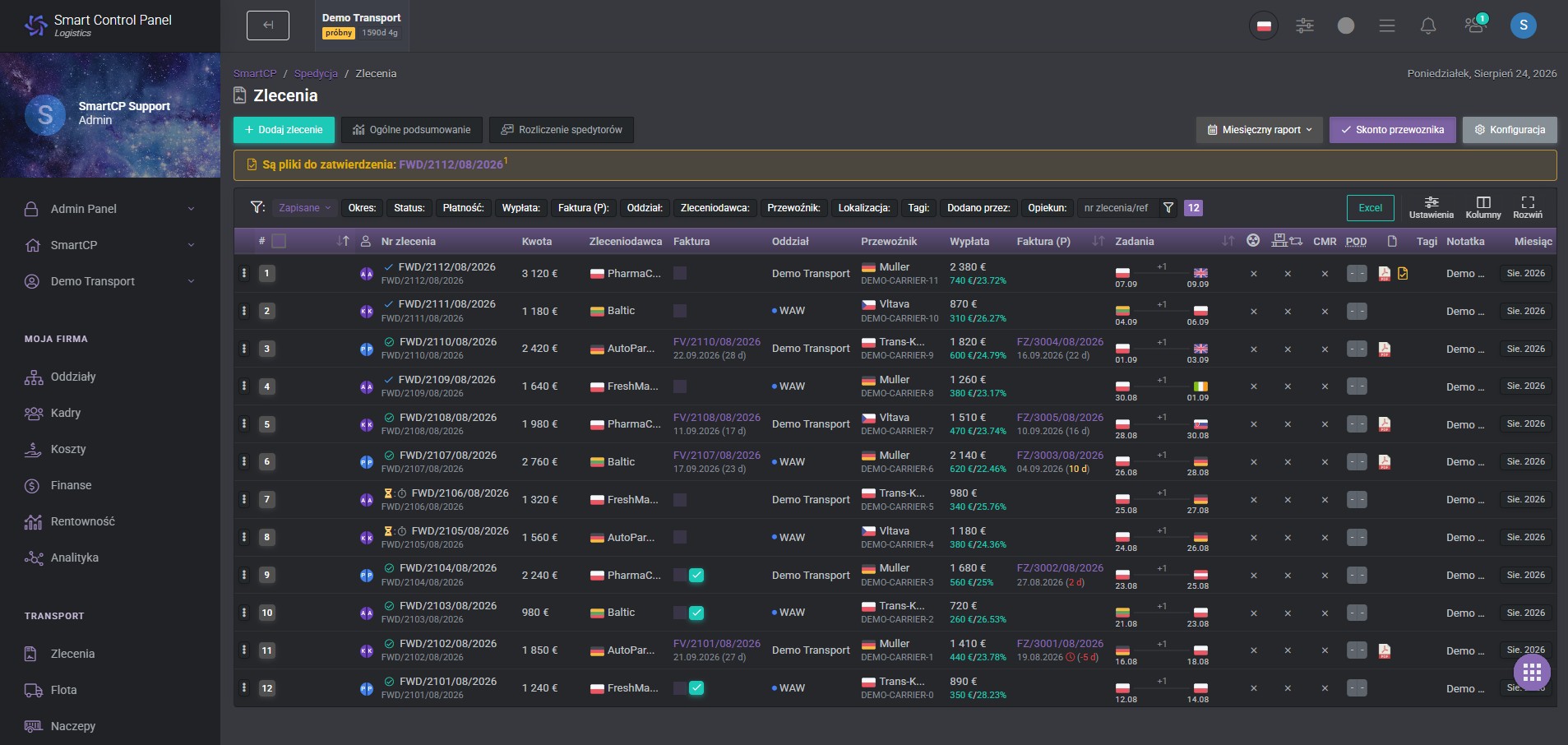 Zlecenia spedycyjne w SmartCP Logistics (Dark Mode)