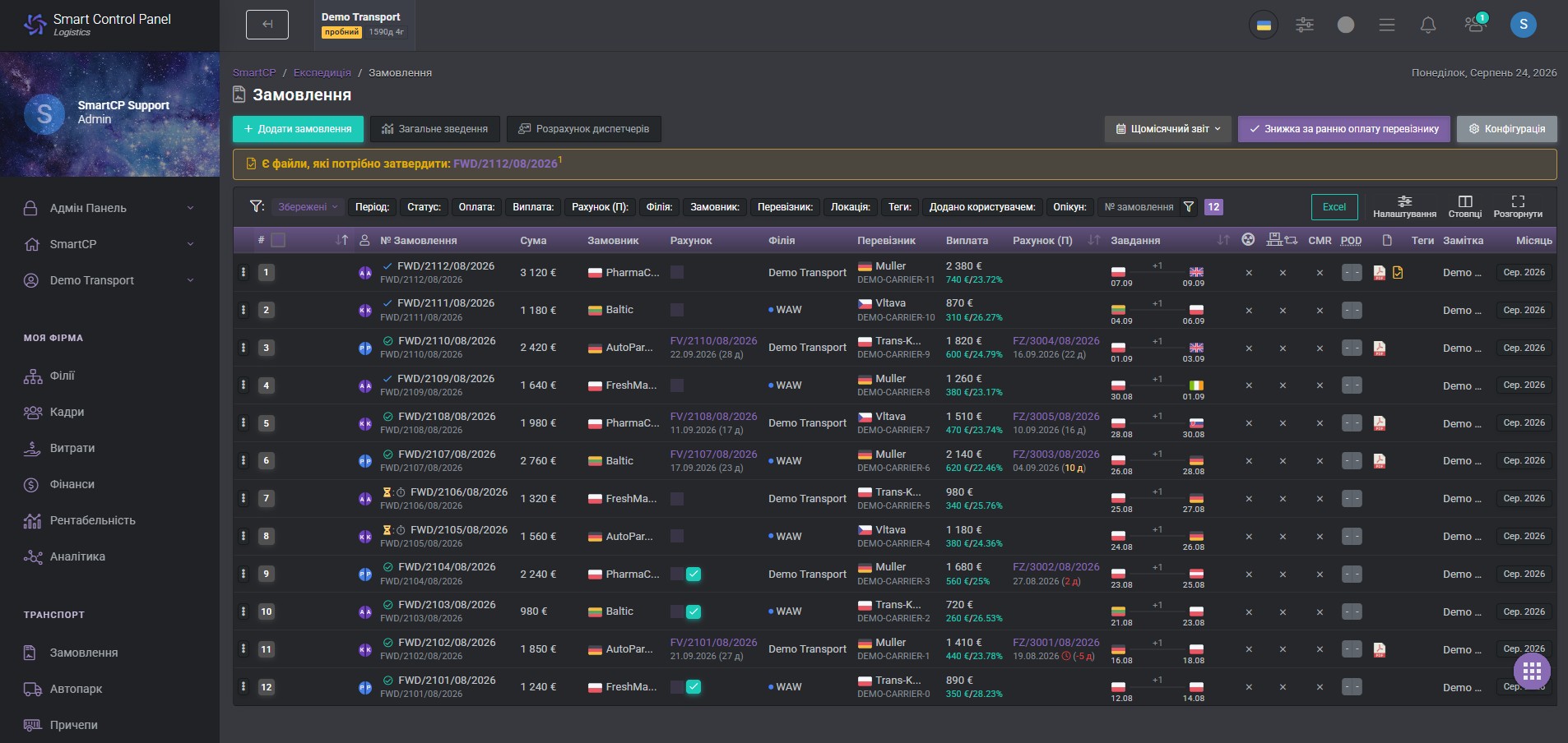 Експедиторські замовлення в SmartCP Logistics (Dark Mode)